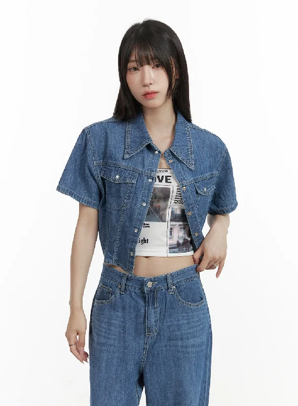 Pocketed Washed Denim Crop Shirt CY407 Youthful Women's Anime - inspired