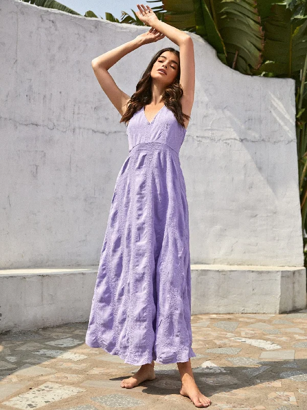 Plain Sleeveless V Neck Flared High Waist Long Dress Earthy Women's Hemp - based