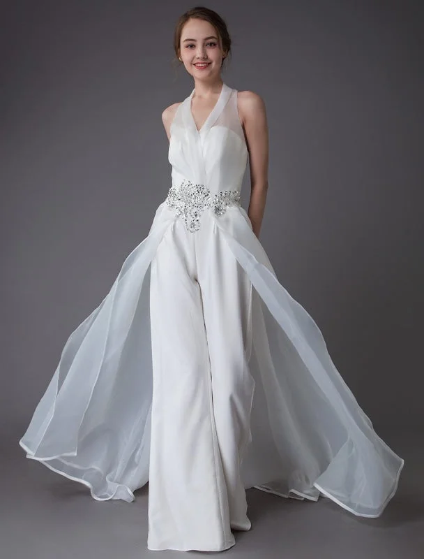Ivory Wedding Jumpsuits Halter V Neck Rhinestones Backless Culottes Bridal Dress Exclusive garde