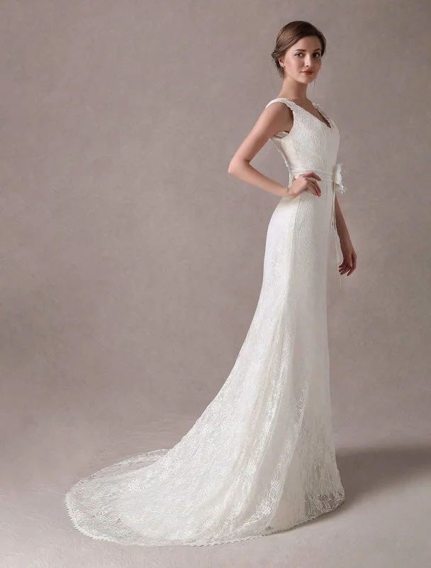 Mermaid Wedding Dresses Lace V Neck Flower Sash Ivory Bridal Dress With Train Exclusive Scandinavian