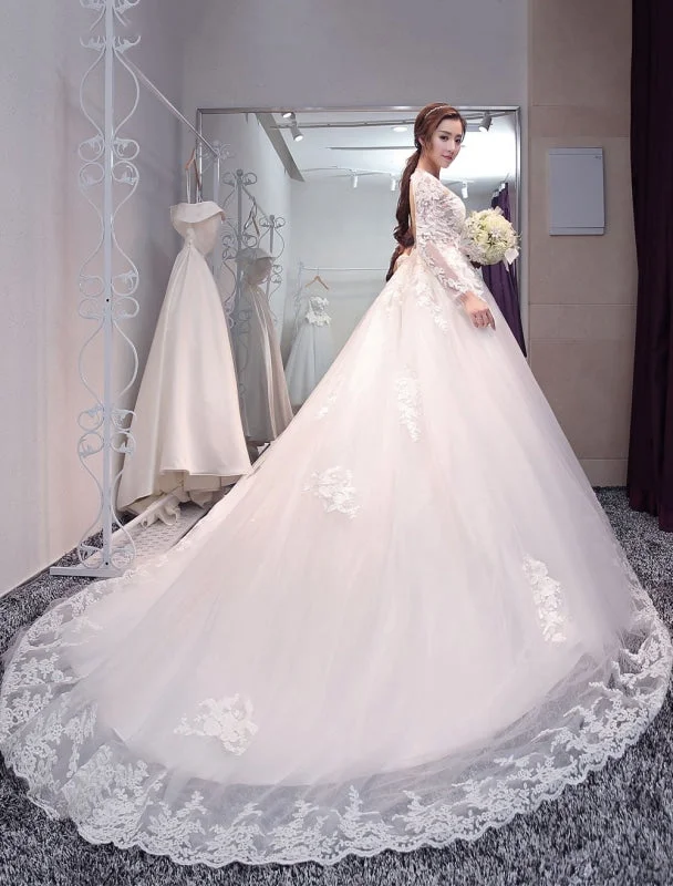 Princess Wedding Dresses Long Sleeve Bridal Dresses Lace Backless Illusion Wedding Gown With Long Train Stylish Women's Neon
