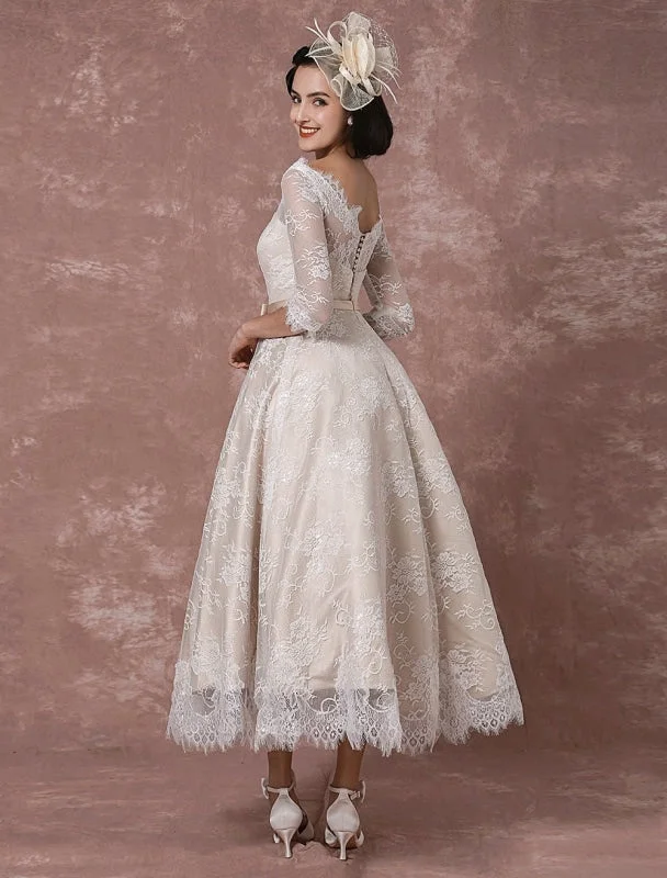 Lace Wedding Dress Vintage Bateau Champagne Half Sleeves Bridal Gown A Line Backless Tea Length Sash Reception Bridal Dress Exclusive Vacation