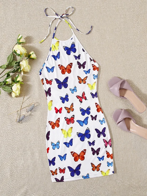 All Over Print Tie Back Sleeveless Halter Pencil Natural Mini Womens Dress Traditional Women's Wool