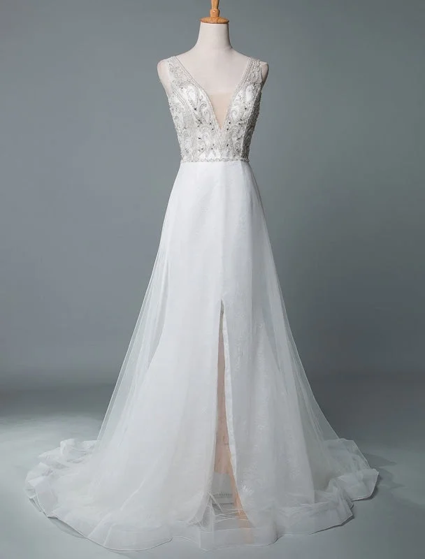 Beach Wedding Dress A Line Sleeveless V Neck High Split Floor Length Backless Sexy Bridal Gown Bold Women's Statement