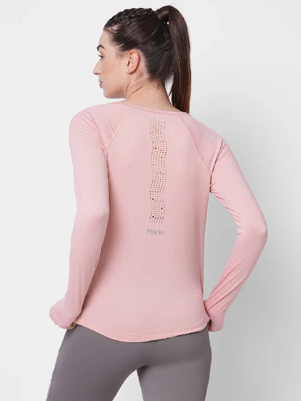 Fitkin women pink reglan sleeve back laser cut design tshirt Monochromatic Office Style