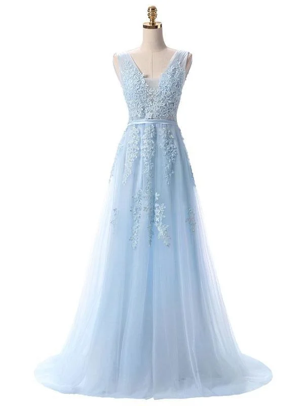 Prom Dress V Neck A Line Sleeveless Floor Length Lace Applique Party Dresses Refined Women's Hand - crafted