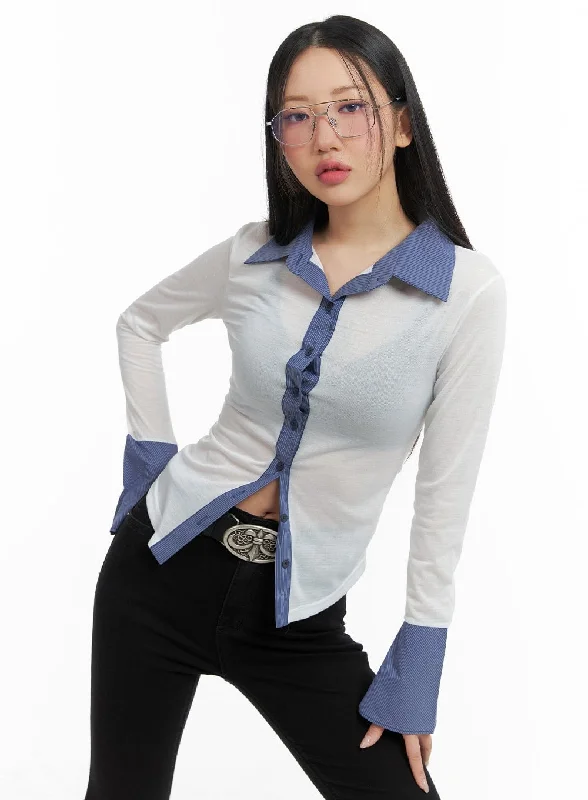 Contrasting Binding Button-Up Blouse CM421 Practical Women's Multi - 