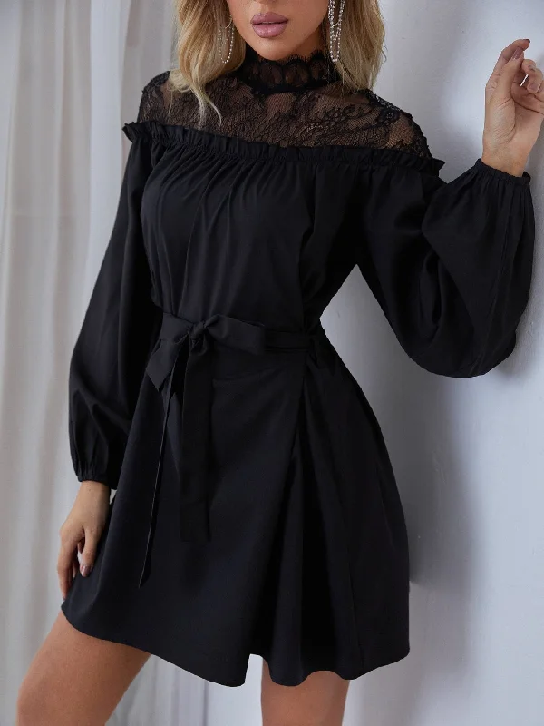 Plain Button Long Sleeve Stand Collar Flared High Waist Short Dress Refined Women's 
