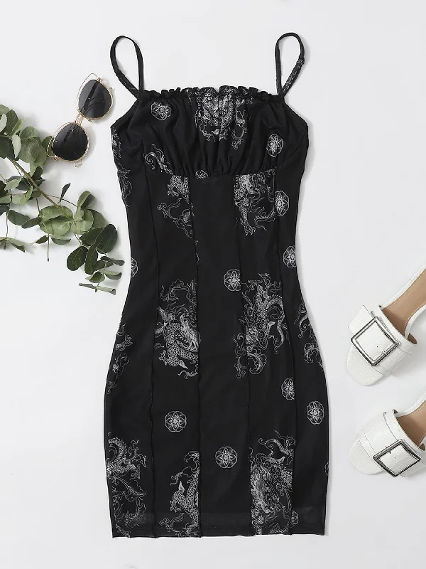 Animal Frill Sleeveless Spaghetti Strap Pencil Natural Short Dress French