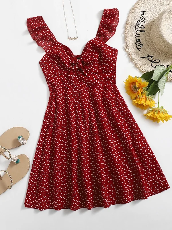 All Over Print Zipper Sleeveless Straps Flared Natural Short Dress European
