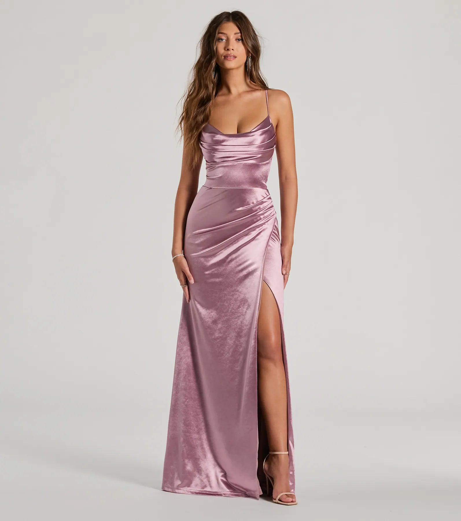 Dani Cowl Neck Lace-Up A-Line Satin Formal Dress garde