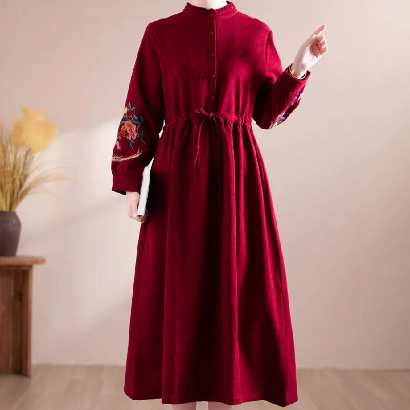 Women Winter Floral Embroidered Fleece-Lined Midi Dress Contemporary 