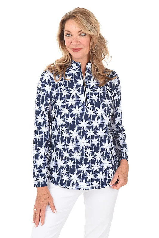 Brushstroke Palms Cooling UPF50+ Mock Neck Top Monochromatic Office Style