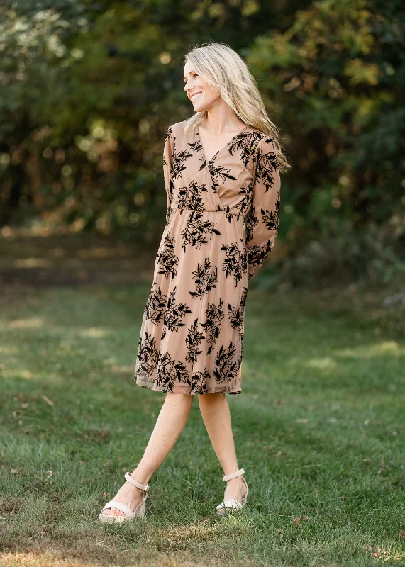 Long Sleeve Velvet Floral Print Midi Dress - FINAL SALE Cozy Women's Winter