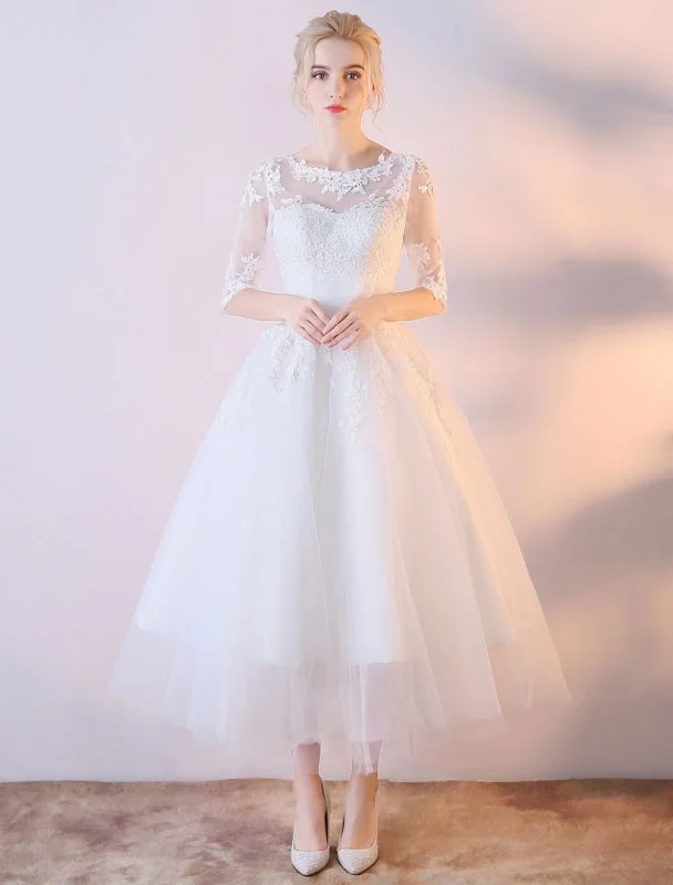 Short Wedding Dresses White Half Sleeve Lace Applique Tea Length Bridal Dress Bold Women's Statement