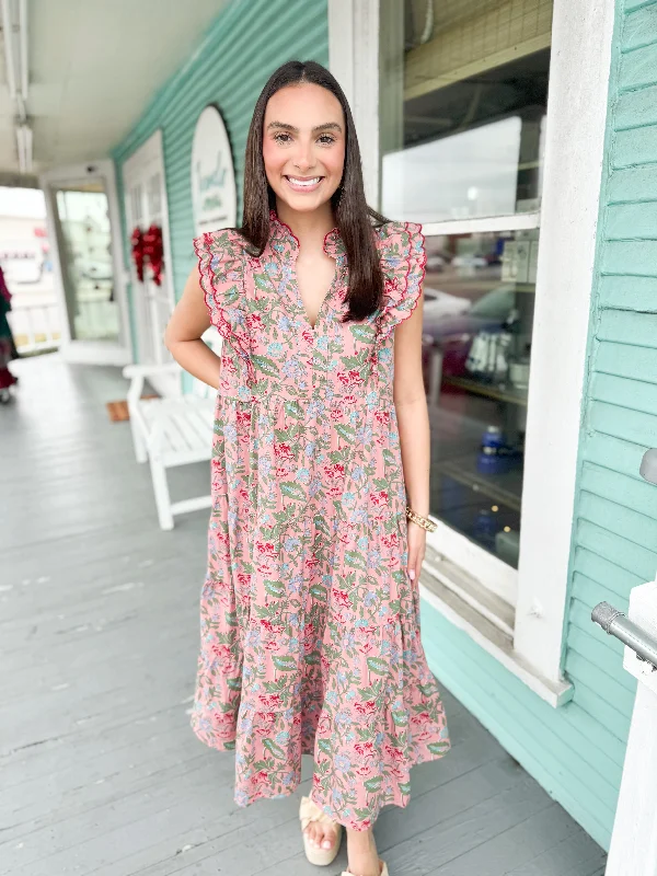 The Sophia Floral Ruffle Midi Dress-Pink Trendy Women's 