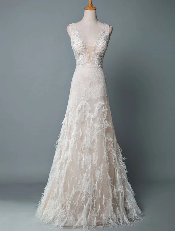 Simple Wedding Dress Lace A Line V Neck Sleeveless Beaded Floor Length Feather Bridal Gowns Gym