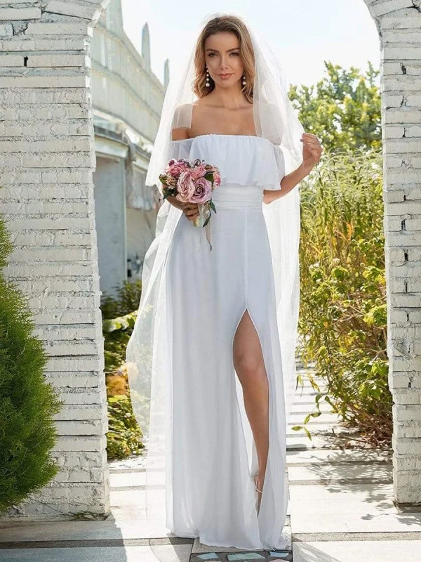 White Simple Wedding Dress Chiffon Bateau Neck Sleeveless Split Front A-Line Long Bridal Gowns Artistic Women's Hand - painted