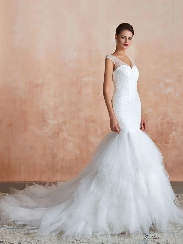 Mermaid Wedding Dress 2021 Beaded V Neck Sleeveless Bridal Gowns With Train Laid - back Women's Style