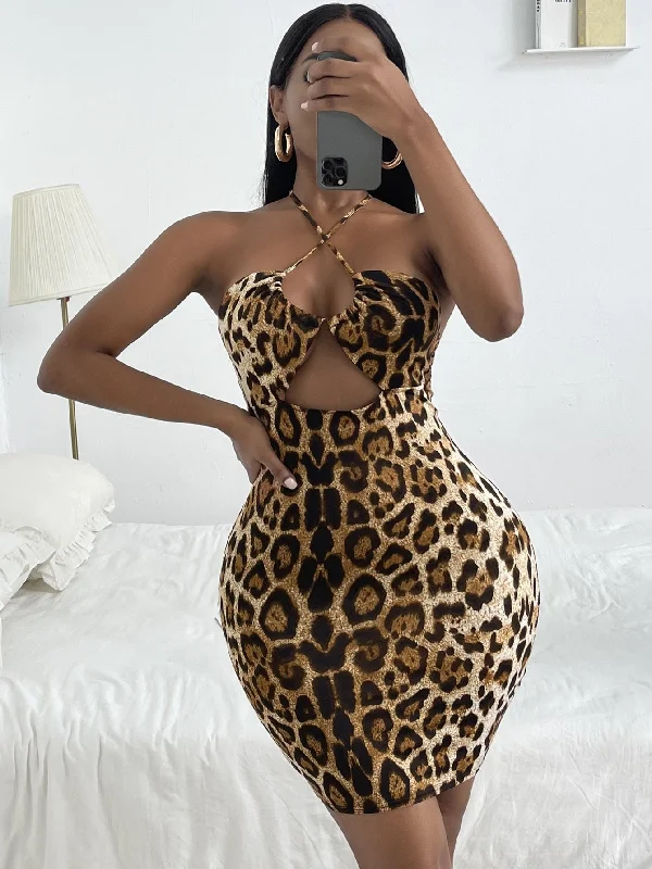 Leopard Tie Back Sleeveless Halter Pencil High Waist Short Dress Gym