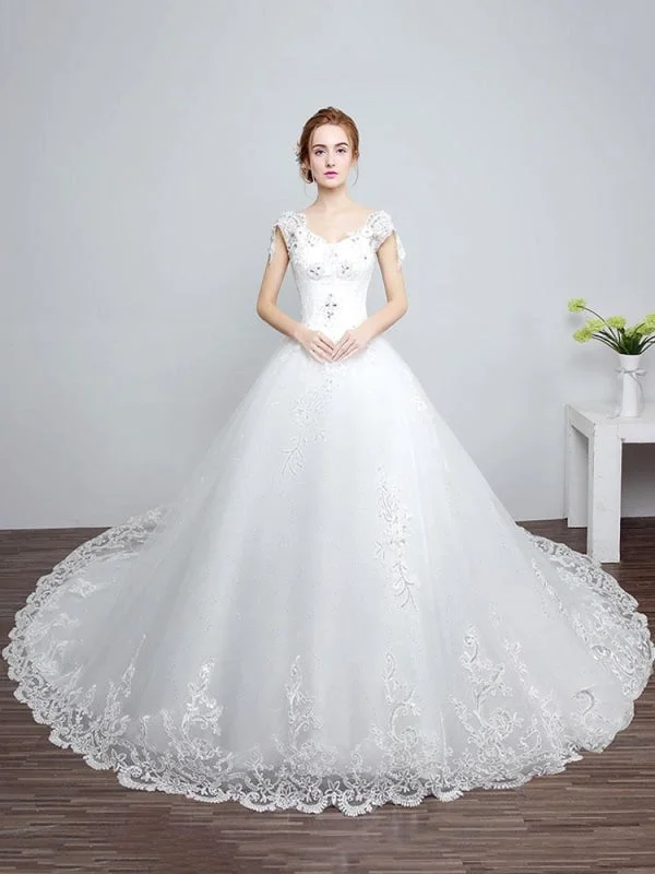 Princess Wedding Dresses Ivory Backless Bridal Dress Lace Applique V Neck Long Train Wedding Gown Earthy Women's 
