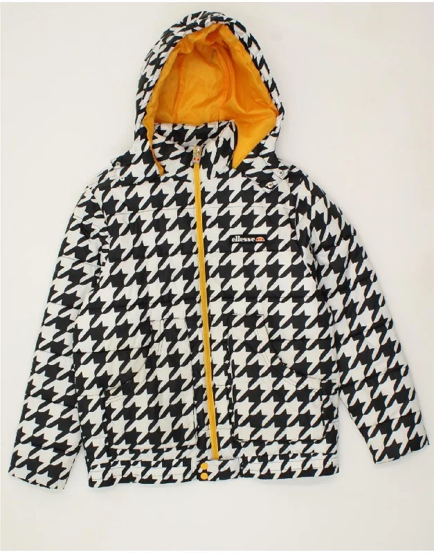 ELLESSE Womens Oversized Padded Jacket UK 8 Small Black Houndstooth Laid - back Women's Style ELLESSE Womens Oversized Padded Jacket UK 8 Small Black Houndstooth Laid - back Women's Style
