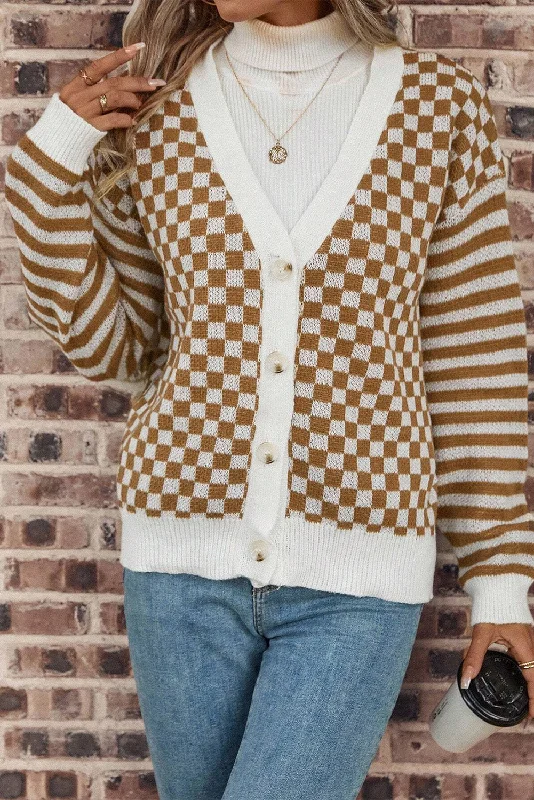 Checkered Striped Patched Buttoned V Neck Cardigan Sophisticated Women's Tailored