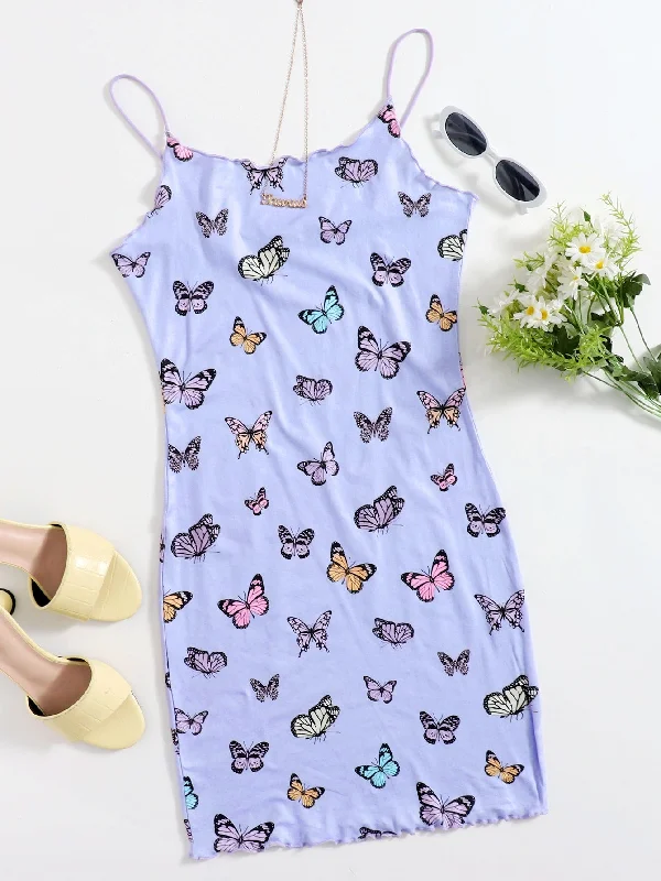 Animal Lettuce Trim Sleeveless Spaghetti Strap Pencil Natural Short Dress Minimalist Women's Casual