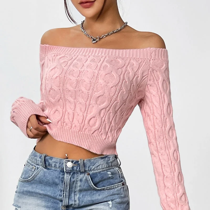 Solid Colour Sexy Cropped Pink One Neck Strapless Knitted Sweater Wholesale Womens Clothing N3824091200154 Contemporary 