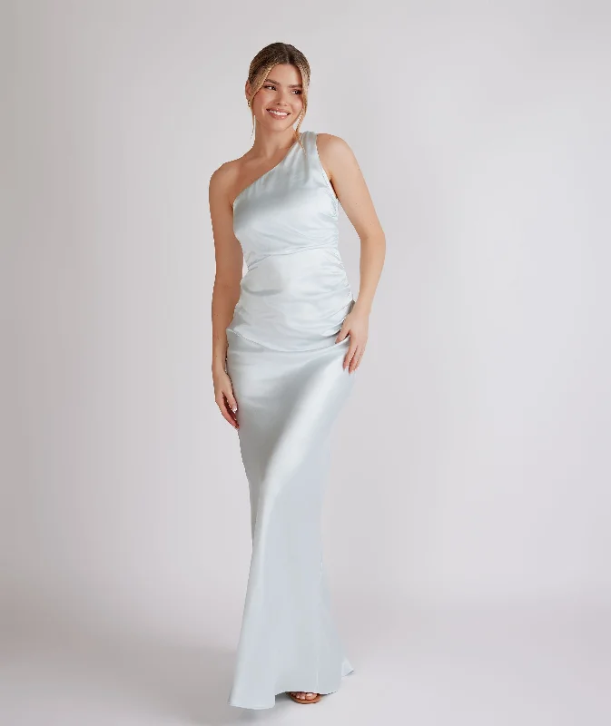 One Shoulder Gathered Satin Bridesmaid Dress - Ice Blue Refined Women's Velvet