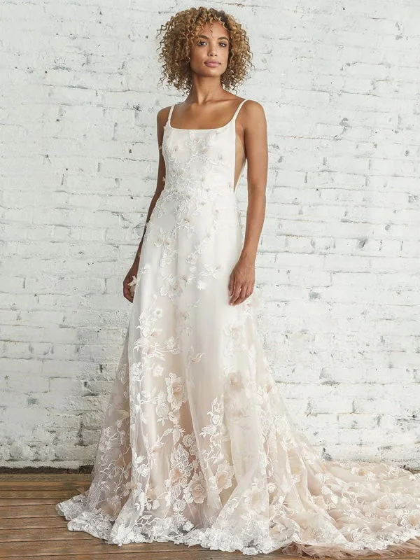 Wedding Dress With Train A Line Sleeveless Square Neck Lace Bridal Gowns Unique Women's Upcycled