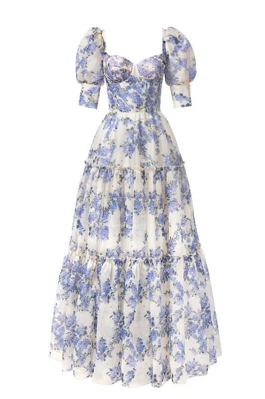 Hydrangea Feminine voluminous sheer sleeves dress Vacation