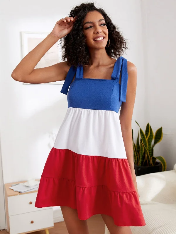 Colorblock Knot Sleeveless Straps Flounce High Waist Short Dress Hip Women's Retro