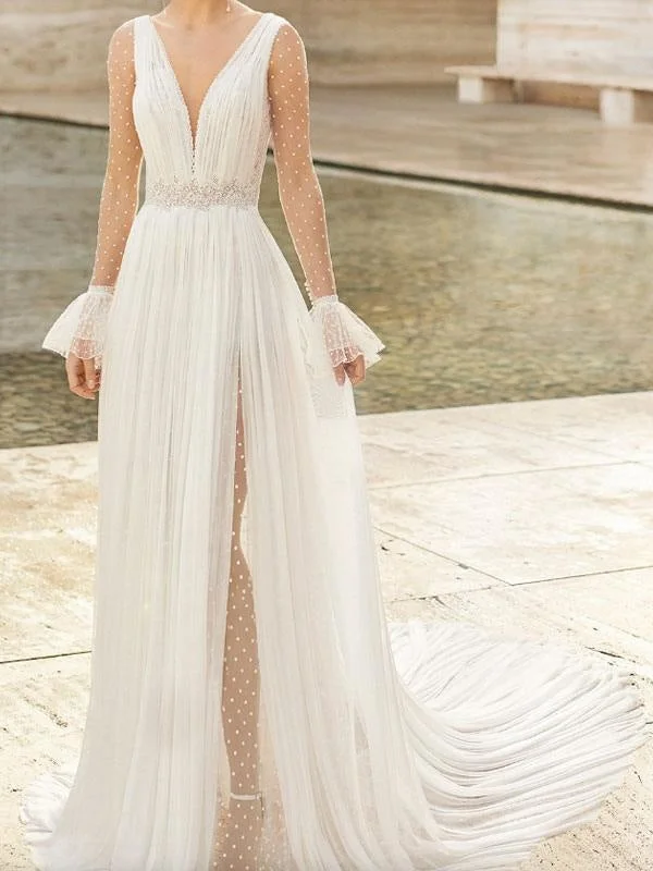 Lace Wedding Dress With Train Dropped Long Sleeves Lace V Neck Bridal Gowns Sharp Women's Italian