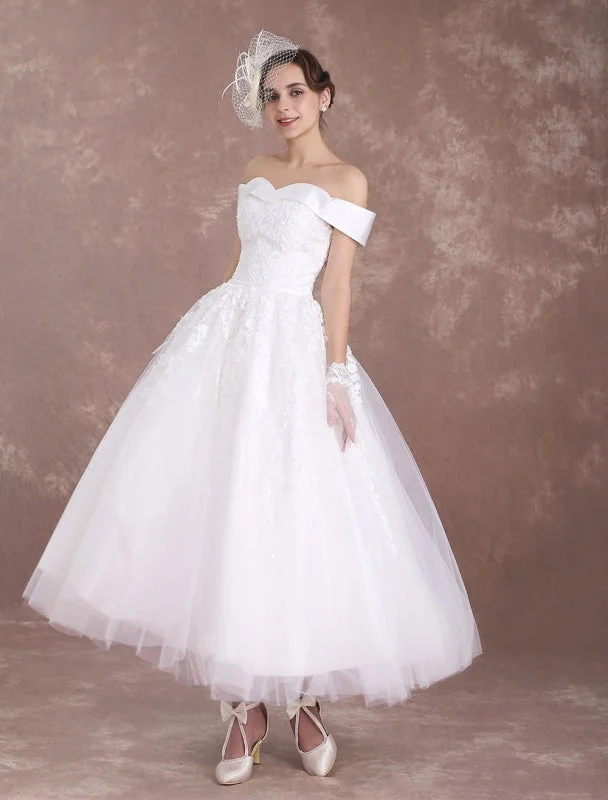 Short Wedding Dresses Off The Shoulder Vintage Bridal Dress 1950'S Lace Applique Tulle Tea Length Ivory Wedding Reception Dress Exclusive Relaxed Women's 