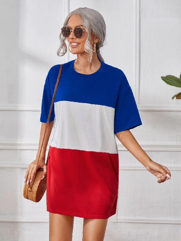 Colorblock Half Sleeve Round Neck Straight Natural Mini Dress Casual Women's Japanese 