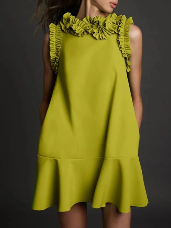 Solid Color Ruffle Trendy Sleeveless Mini Dress Modern Women's 