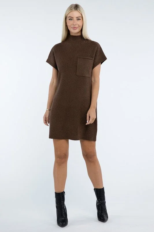 Mock Neck Short Sleeve Sweater Dress with Pocket Feminine Women's Soft 