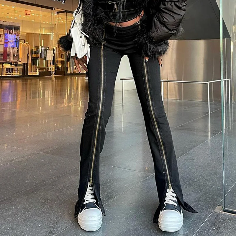 Black Zipper Lift Hip Wholesale Flare Pants For Women British Gentlewoman Style