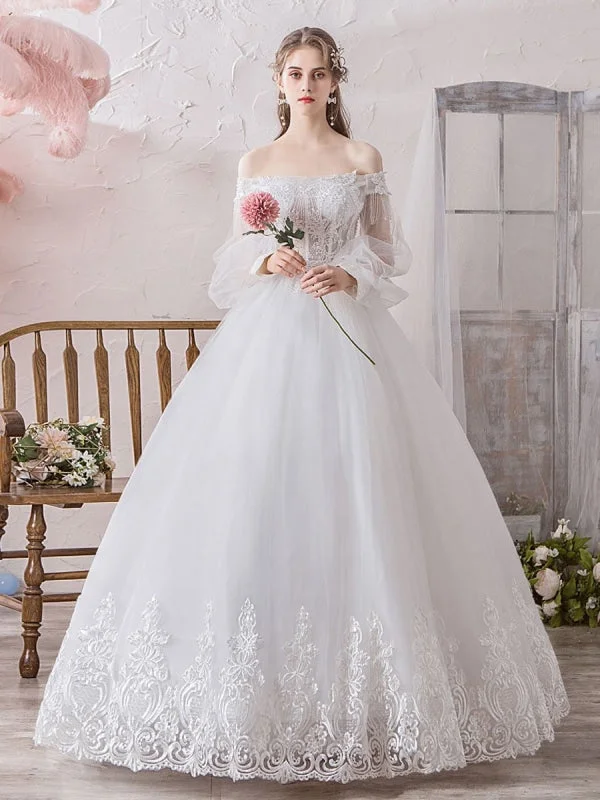 Princess Wedding Dress 2021 Ball Gown Silhouette Off The Shoulder Long Sleeves Natural Waist Floor-Length Bridal Gowns Earthy Women's Hemp - based