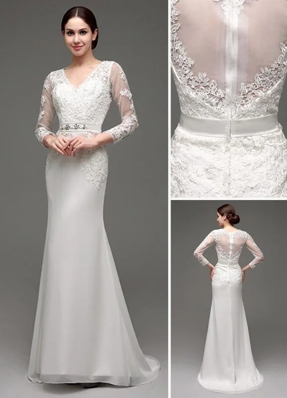 Sheath/Column Long Sleeves Illusion Back V-Neck Bridal Gown With Rhinestone Sash Unique Women's Upcycled