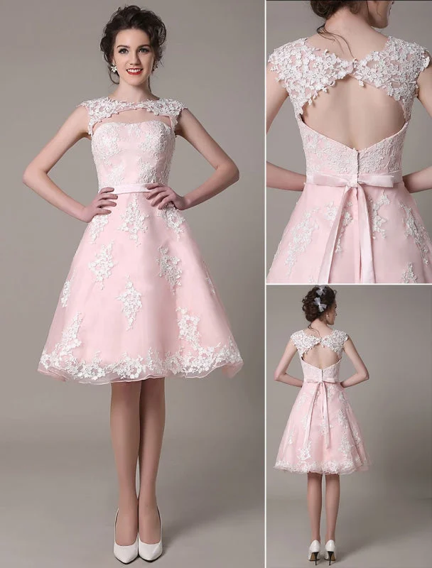Lace Wedding Dress Cut Out Knee Length A-Line Bridal Dress With Satin Bow Exclusive Dynamic Women's Moto
