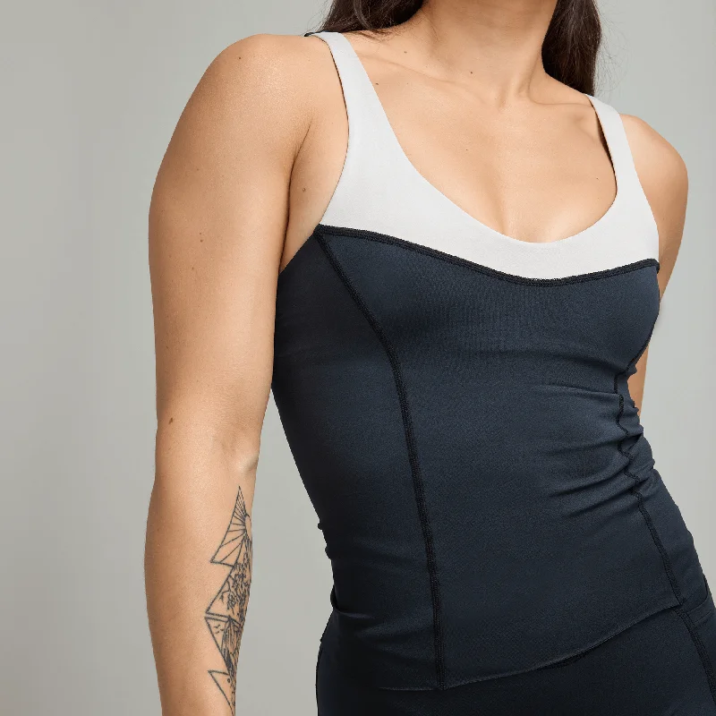 CLQ Panelled V Neck Tank - Black and Bone Sleek Women's Metallic