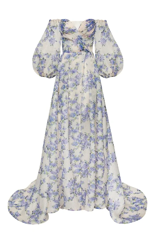Hydrangea Elegant floral puff sleeve maxi dress Laid - back Women's Style