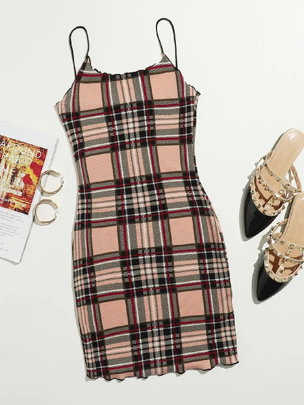Plaid Lettuce Trim Spaghetti Strap Pencil Natural Short Dress Streetwear Style for 
