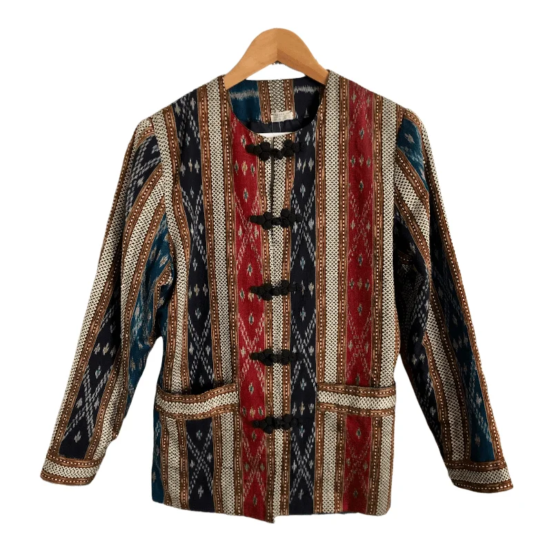 Unbranded 100% Thai Silk Oriental Ethnic Boho Festival Evening Jacket Blue Multi Geometric Print UK Size M/L Confident Women's Power Unbranded 100% Thai Silk Oriental Ethnic Boho Festival Evening Jacket Blue Multi Geometric Print UK Size M/L Confident Women's Power