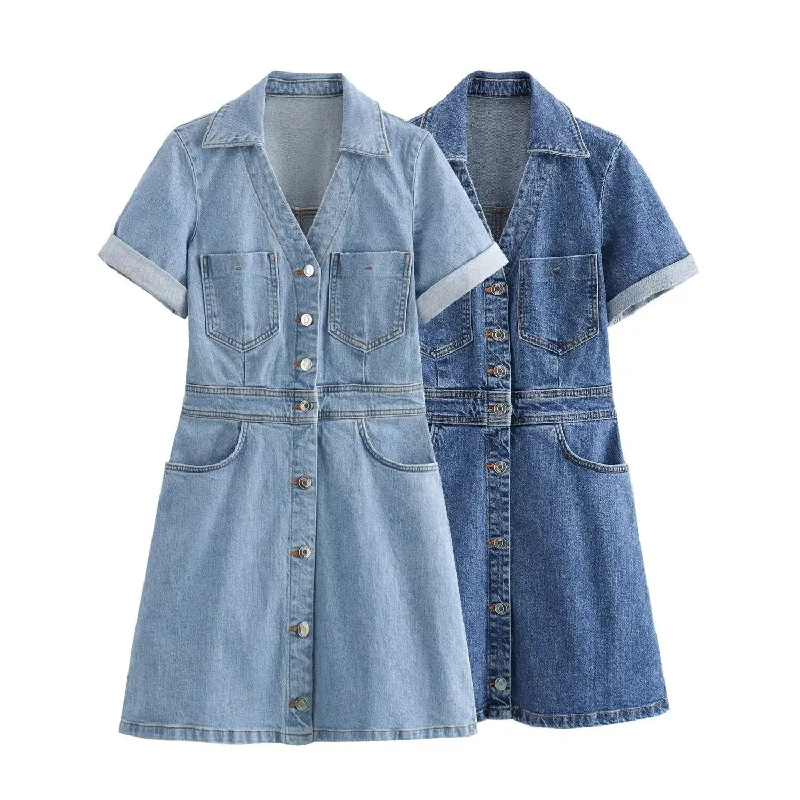 Dark Blue/Light Blue A-line Short Sleeve Denim Mini Shirt Dress Monochromatic All - in - one