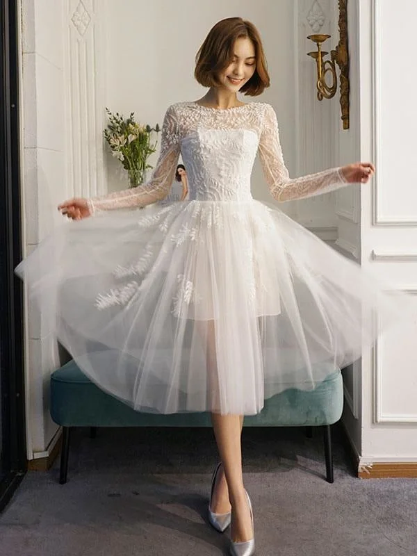 Short Wedding Dresses White Lace Long Sleeve Illusion Tea Length Bridal Dress Australian Beach