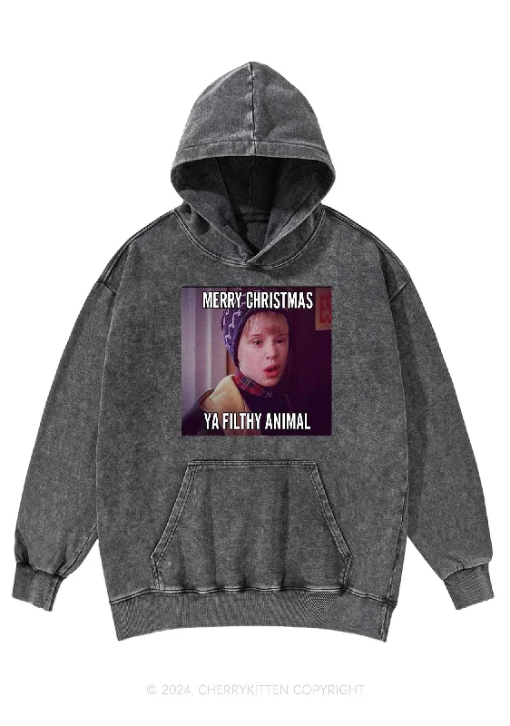 Merry Christmas Ya Filthy Animal Y2K Washed Hoodie Cherrykitten Trendy Women's 