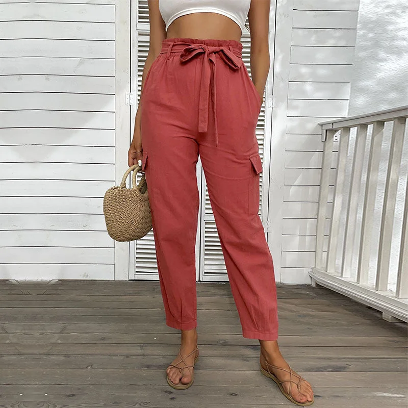 Women Fashion Solid Color High Waist Tie Waist Wholesale Cropped Pants With Pockets Modern Women's Tech